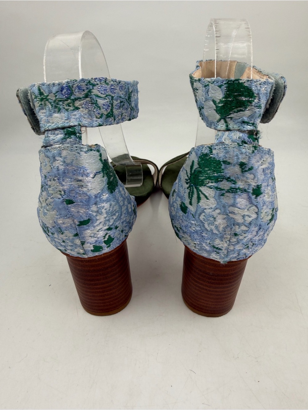 Jeffrey Campbell Purdy Blue Fabric Floral -SZ 8- Green Suede Block Heels Sandals - Picture 4 of 14